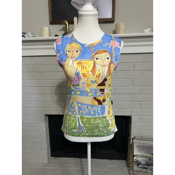 Rare Woman’s Euro Y2K Beaded Embroidered Graphic Cartoon Print Tank Size Large - Picture 1 of 7